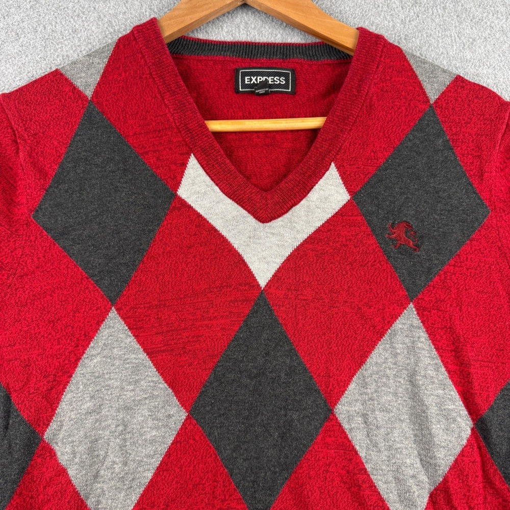 Express Sweater Mens S Argyle Red Grey White V-Neck Lion Logo Long Sleeve